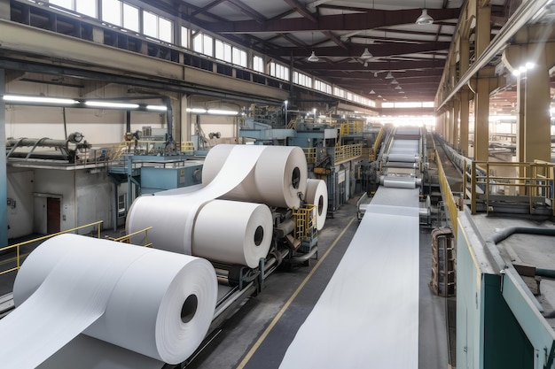 Fabbrica di cellulosa e carta con macchine che producono all'infinito rotoli di carta creati con l'intelligenza artificiale generativa