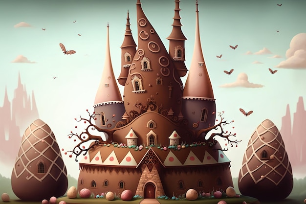 Fabbrica di cioccolato nel mondo fantastico, gigantesca fabbrica di uova di Pasqua,