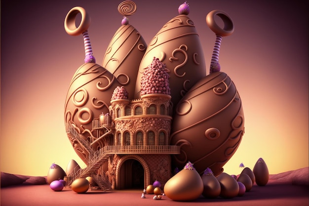Fabbrica di cioccolato nel mondo immaginario fabbrica gigante di uova di Pasqua illustrazione digitale AI