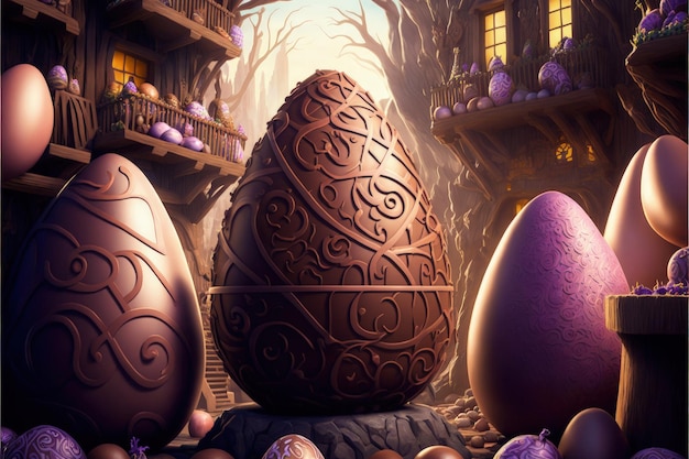 Fabbrica di cioccolato nel mondo immaginario fabbrica gigante di uova di Pasqua illustrazione digitale AI