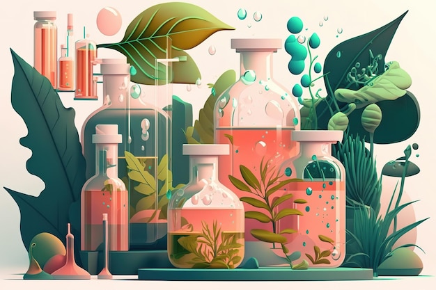 Fabbrica di cosmetici nel laboratorio di cosmetici naturali infusi di muschio marino astratto