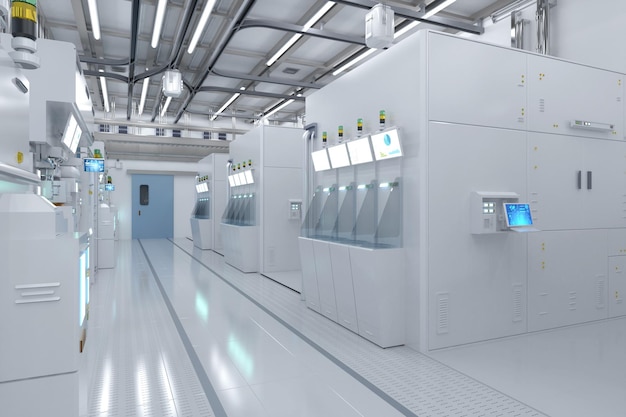 Fabbrica di produzione di semiconduttori futuristici bianchi o interni di laboratorio con macchina e schermo del computer