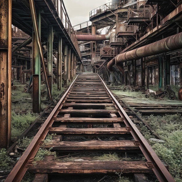 Fabbrica industriale abbandonata con edifici di magazzino metallici arrugginiti e ferrovia