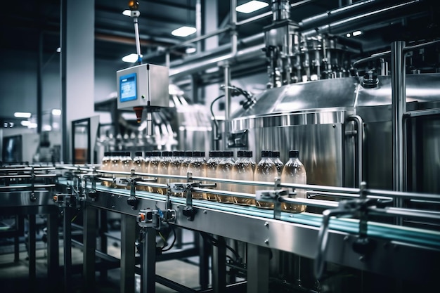 Fabbrica per la produzione di birra Trasportatore di birra con birra in vetro, bevande, bottiglie di alcol, moderna linea di produzione, Sfondo sfocato, Produzione moderna per l'imbottigliamento di bevande, Messa a fuoco selettiva