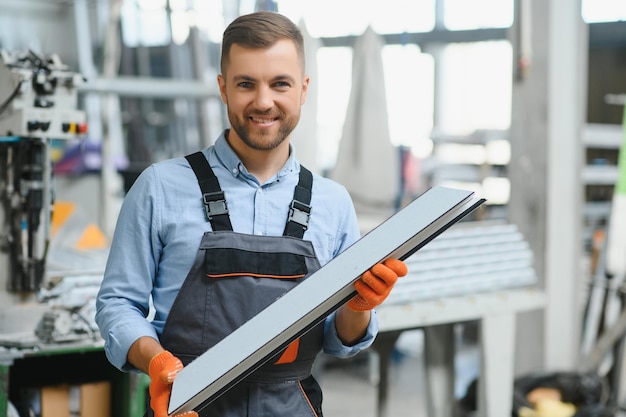 Fabbrica per la produzione di serramenti in alluminio e PVC Operaio che monta serramenti in PVC