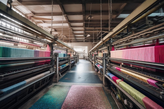 Fabbrica tessile con telai che producono tessuti vivaci e colorati creati con l'intelligenza artificiale generativa