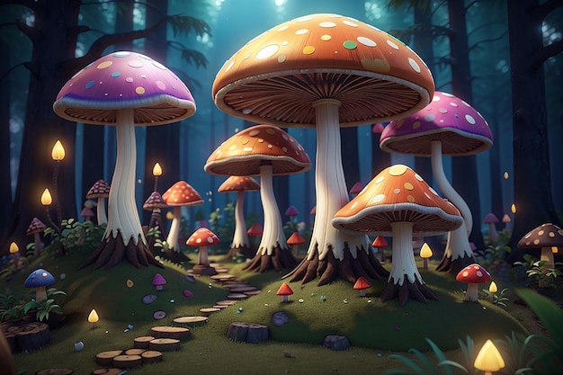 Fabulosi grandi funghi in una foresta magica Fantasia funghi 3D render Raster illustrazione