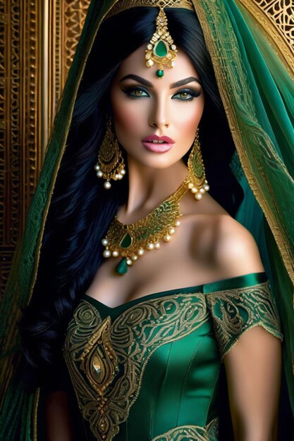 Fabuloso Scheherazade rosa labbra lunghe capelli neri vestito verde morbido fili dorati luccicanti