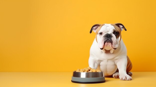 Faccia carina e divertente Bulldog vicino a una ciotola con cibo secco da mangiare Adorabile animale domestico guardando la telecamera sullo sfondo giallo