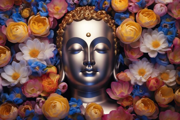 Faccia di Buddha circondata da fiori illustrazione Copia spazio