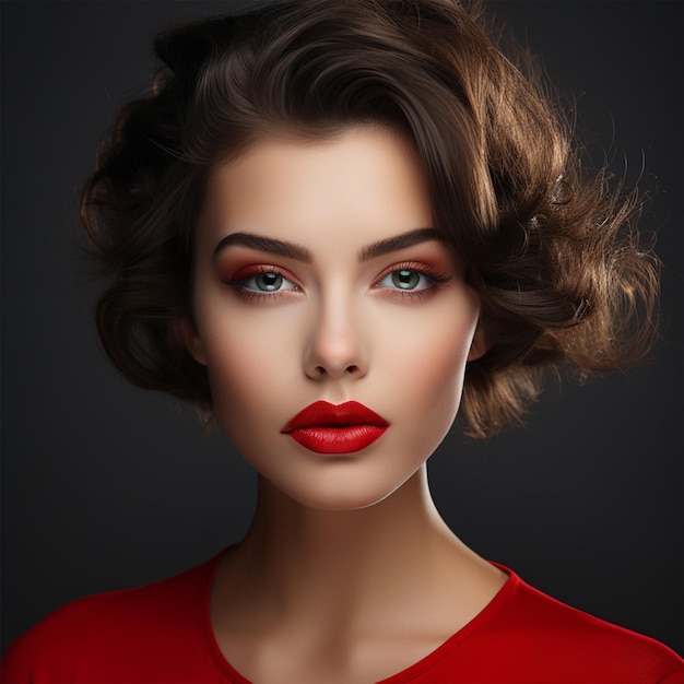 Faccia di donna attraente con le labbra rosse su uno sfondo grigio