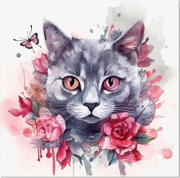 Faccia di gatto con illustrazione di fiori IA generativa