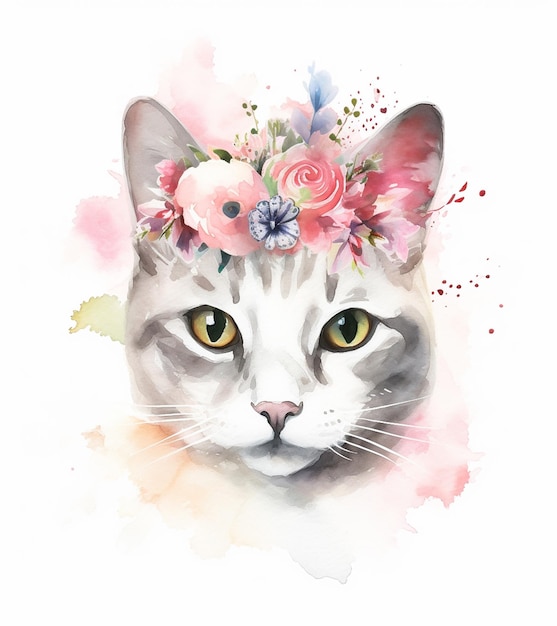 Faccia di gatto con illustrazione di fiori IA generativa