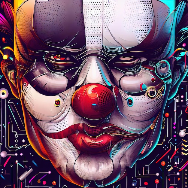 Faccia di joker vintage 2D vettoriale con opere d'arte cyberpunk