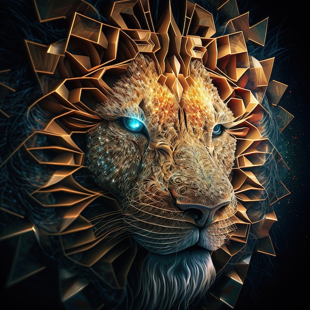 Faccia di leone mistico con forme e motivi magnifici e belli. Illustrazione digitale AI
