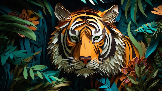 Faccia di tigre circondata da foglie nella foresta 3d paper art papercut illustrazione sfondo