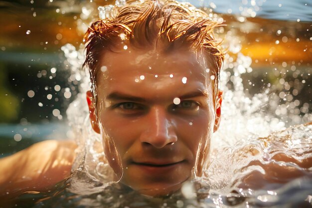 faccia di un nuotatore atleta in primo piano sott'acqua con gocce in una competizione di nuoto