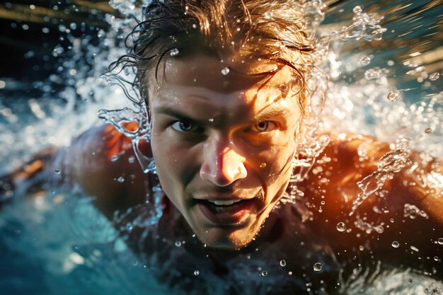 faccia di un nuotatore atleta in primo piano sott'acqua con gocce in una competizione di nuoto