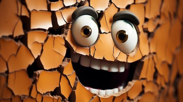 Faccia divertente da un muro rotto Occhi espressivi e sorriso Personaggio di cartone animato AI generativa