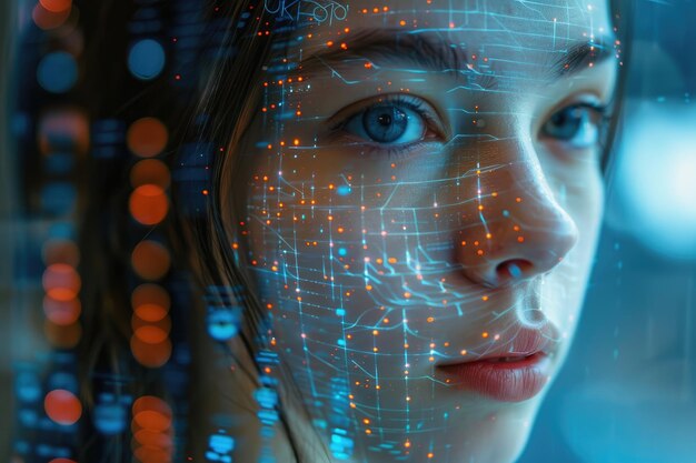 Faccia femminile con numeri digitali di matrice artificiale Ai generativa