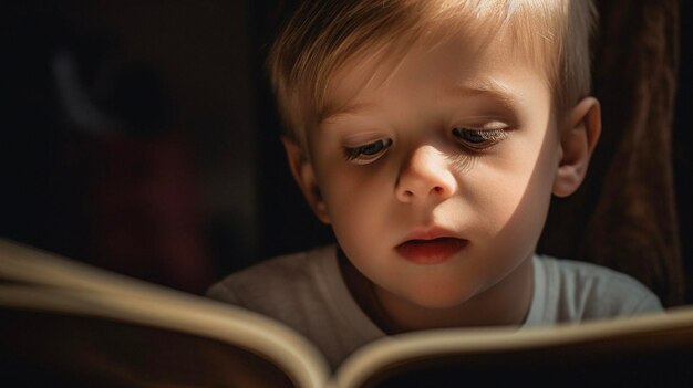 Faccia notturna e narrazione con ragazzo e libro per conoscenza relax e fiaba