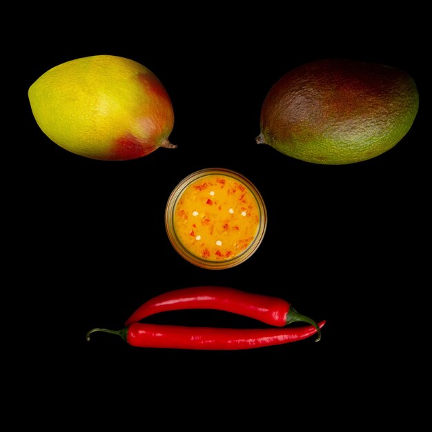 Faccia scherzosa fatta di peperoncino di mango e salsa di peperoncino di mango su sfondo nero