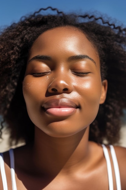 Faccia solare e donna nera con gli occhi chiusi per la crema o la crema solare sulla spiaggia durante l'estate