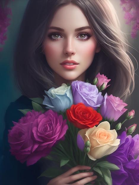 Faccia splendida bella ragazza accogliente profuma bouquet di fiori arte digitale