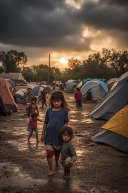 faccia sporca sguardo profondo bambini tristi nel campo profughi guerra cambiamento climatico e concetto di politica globale