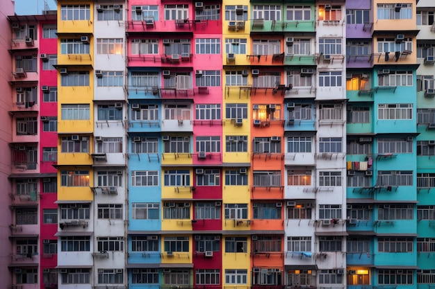 Facciata colorata di un edificio residenziale con balconi Luminosi appartamenti con vista frontale e finestre Immobili in città