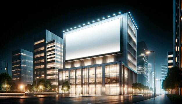 Facciata di un edificio contemporaneo con un cartellone pubblicitario vuoto, modello di ambientazione crepuscolare, concetto di visualizzazione di marketing, IA generativa