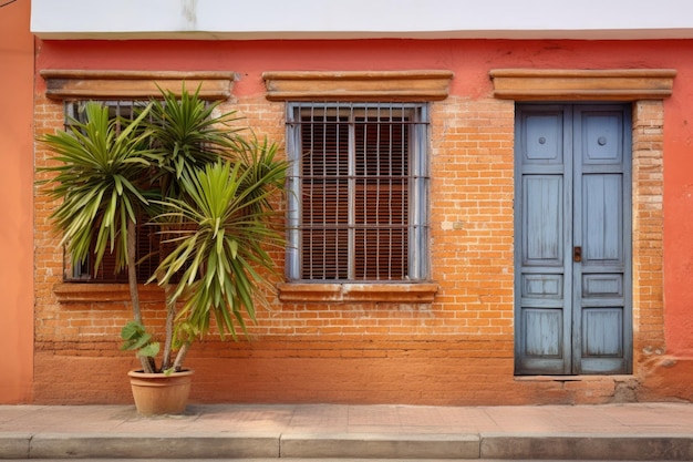 Facciata di una casa coloniale con pareti di mattoni di porta in legno