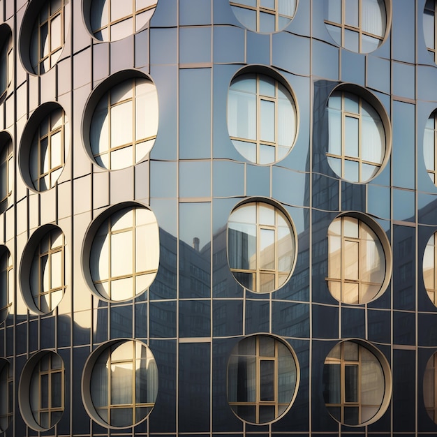 facciata fotografica di un edificio moderno con finestre geometriche e pareti curve