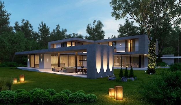 Facciata unica con illuminazione serale. Visualizzazione 3D di una casa moderna. Casa con porta interna