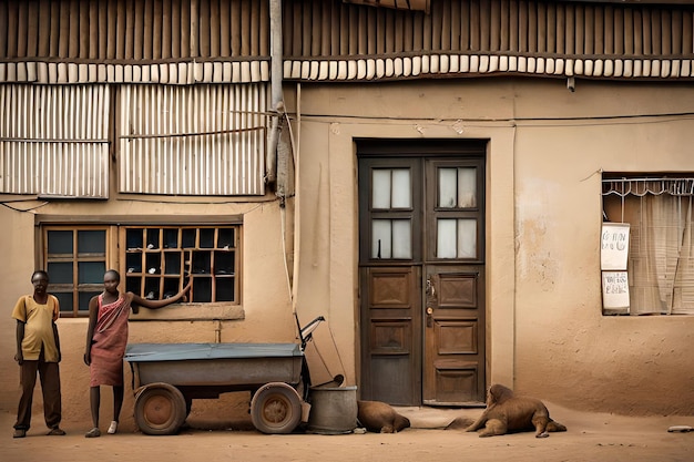 facciate di alloggi e negozi davanti a un negozio in una strada africana povera