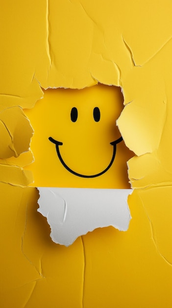 Faccina sorridente disegnata su un muro giallo con un foro Immagine allegra dell'imperfezione