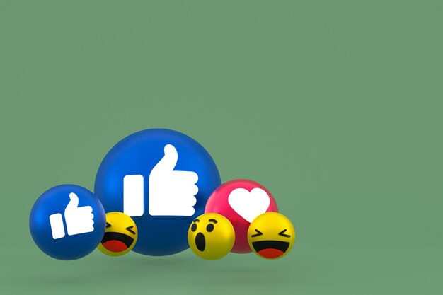 Facebook reazioni emoji 3d rendering, simbolo di palloncino di social media su verde