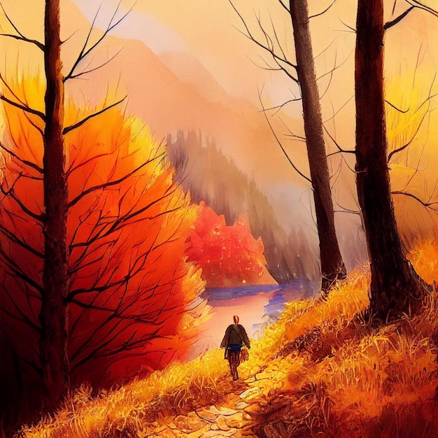 Facendo un'escursione nel disegno dell'acquerello delle montagne di autunno