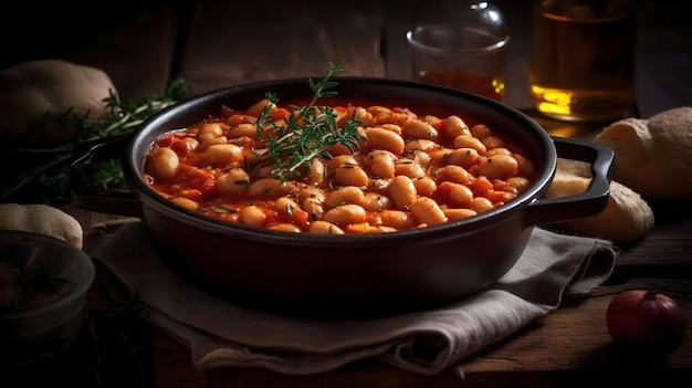 Fagioli bianchi giganti cotti in una ricca salsa di pomodoro con erbe e spezie