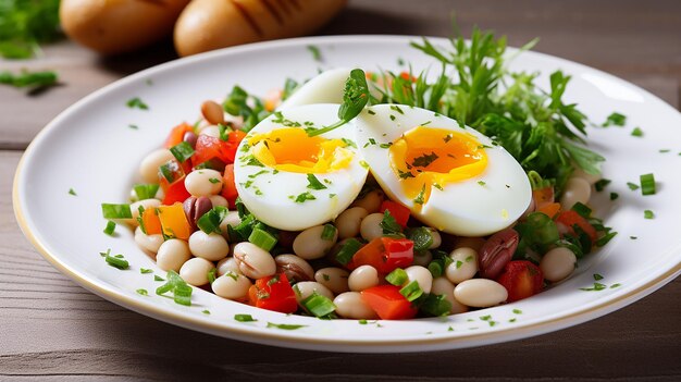 Fagioli con verdure e uovo sodo su un piatto