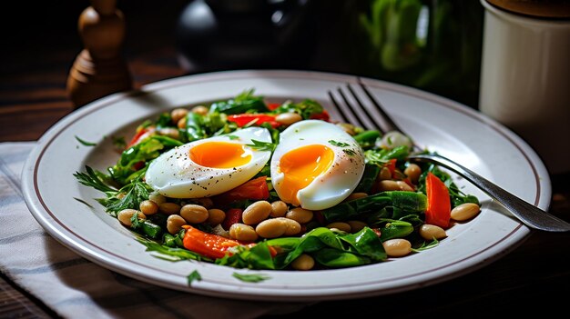 Fagioli con verdure e uovo sodo su un piatto