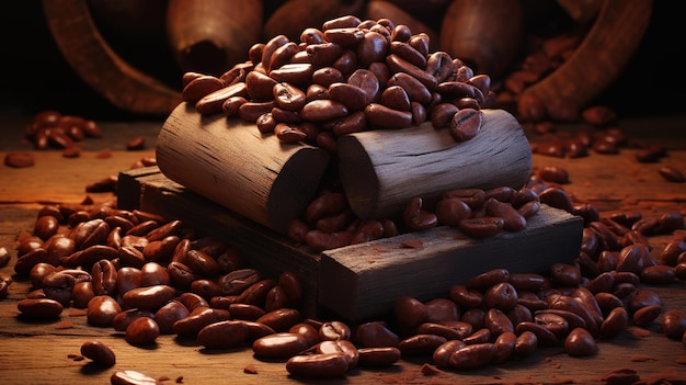 Fagioli di cacao e cioccolato su sfondo di legno Generative Ai