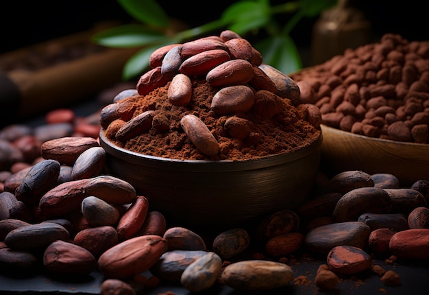 Fagioli di cacao in polvere di cacao e faggi di cacao crudi su sfondo nero