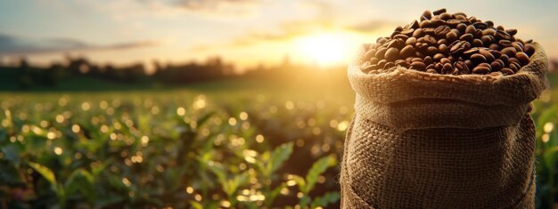 fagioli di caffè aromatici freschi in una borsa sullo sfondo della natura