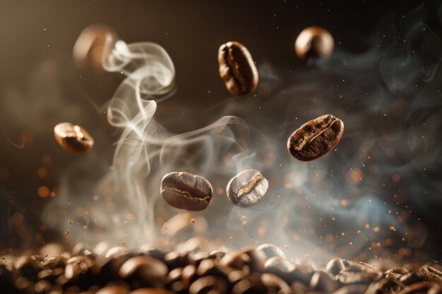 Fagioli di caffè arrostiti che volano nell'aria con fumo sullo sfondo scuro