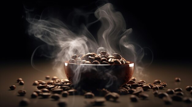 Fagioli di caffè arrostiti con sfondo di fumo IA generativa