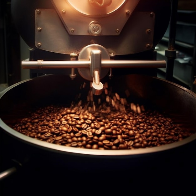 Fagioli di caffè arrostiti in una macchina per arrostire il caffè