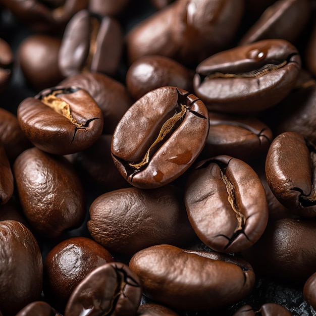 Fagioli di caffè arrostiti su uno sfondo grigio