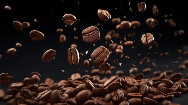 Fagioli di caffè che cadono su uno sfondo scuro