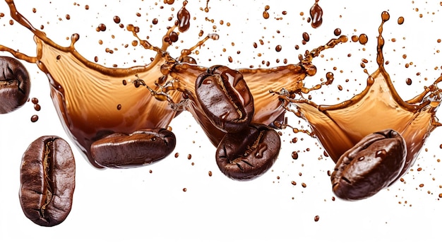 Fagioli di caffè che levitano nell'aria con spruzzi di caffè isolati